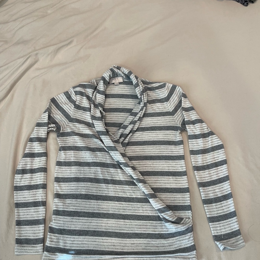 LOFT Striped Cowl Neck Sweater in Gray and White